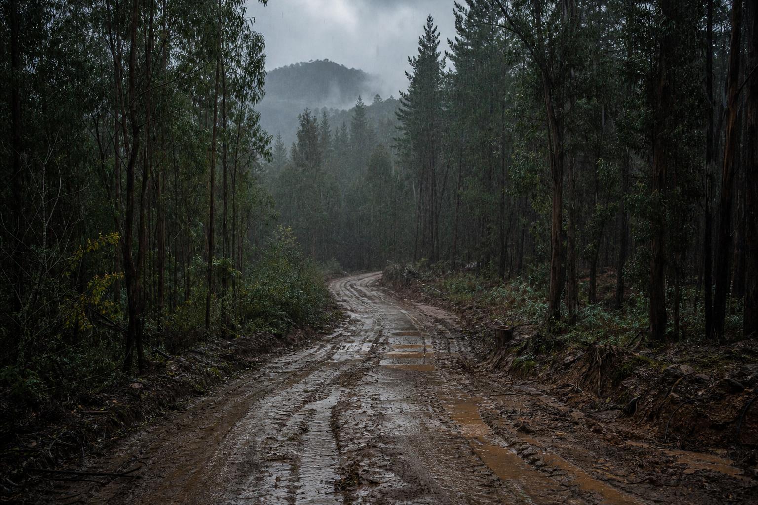Camino forestal saturado de barro con bosque chileno a ambos lados