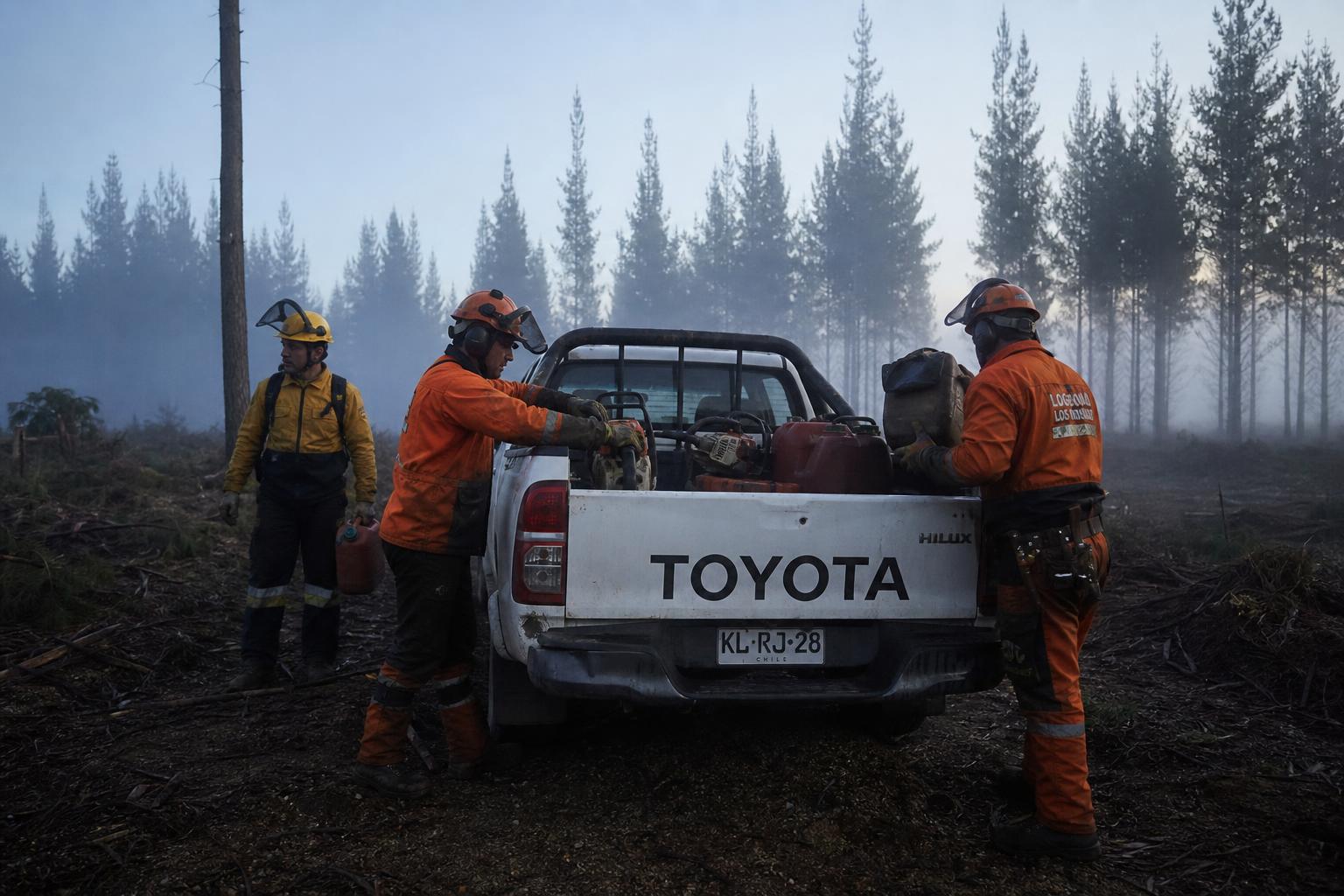 Brigada forestal cargando equipos en camioneta